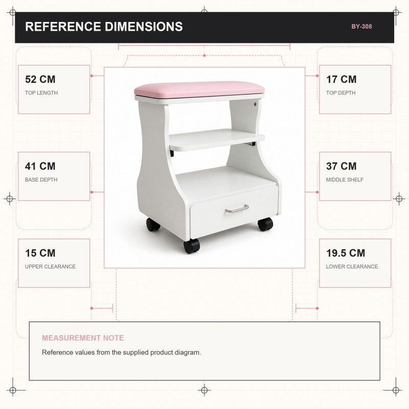 BY-308 manicure stool dimension graphic showing the 52 cm top length, 41 cm base depth and confirmed shelf measurements