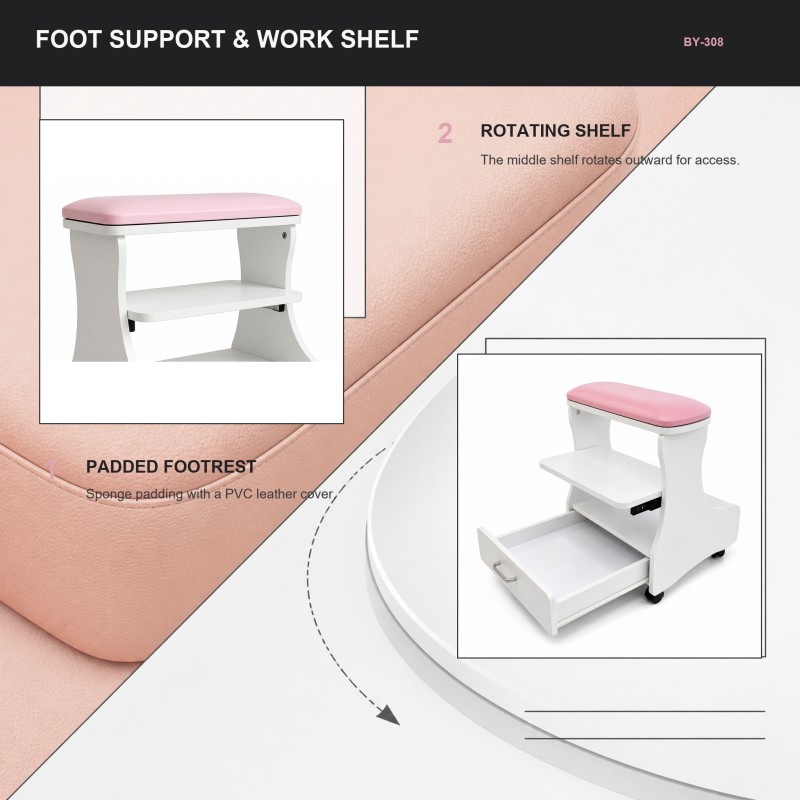 BY-308 manicure stool detail showing the sponge and PVC leather padded footrest and rotating middle work shelf