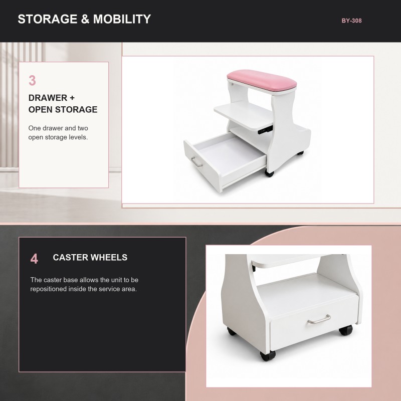 BY-308 mobile manicure stool with open drawer, two open storage levels and caster-wheel base