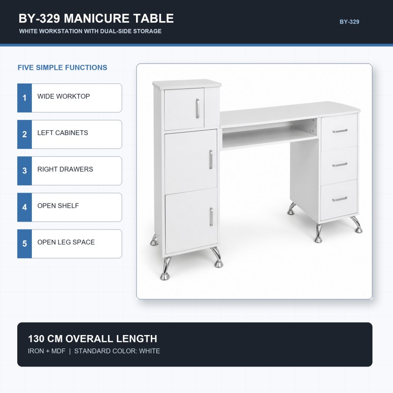 BY-329 Manicure Table Product Overview BY-329 white manicure table overview with five simple storage and workspace functions