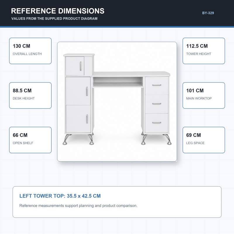 BY-329 Manicure Table Dimensions BY-329 manicure table reference dimensions including overall length, worktop, heights, shelf and leg space
