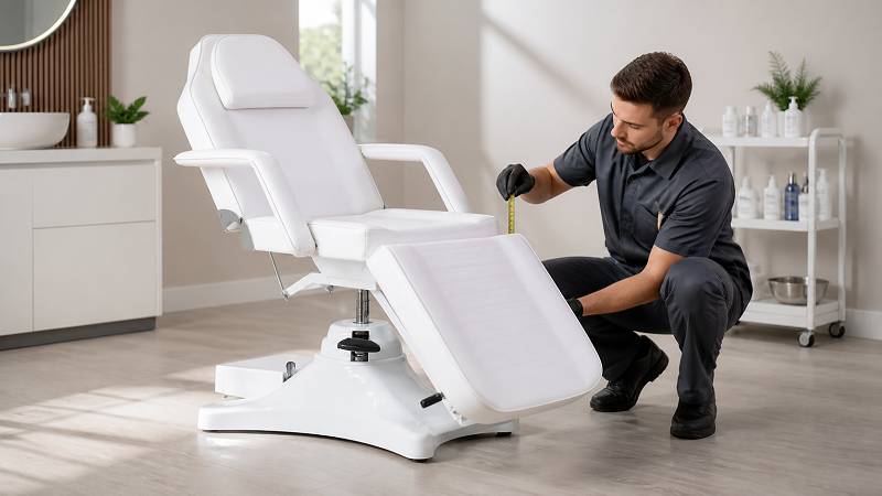 Hydraulic beauty bed sinking: professional inspection guide Technician measuring the height of a white hydraulic beauty bed during a no-load drift inspection