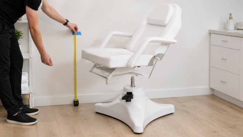 Technician marking and measuring the seat height of an empty hydraulic beauty bed on a level floor