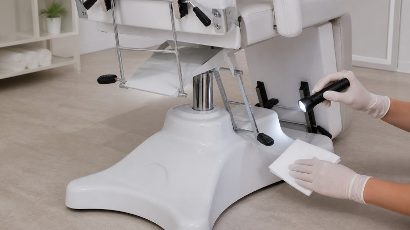 Gloved technician inspecting a hydraulic beauty bed base and foot controls with a flashlight and clean cloth