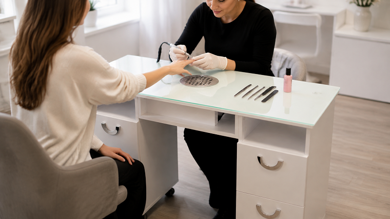 Nail technician filing a client's nails over the built-in intake grille of a DP-3478 manicure table