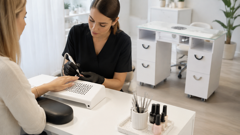 Portable tabletop nail dust collector positioned directly beneath a client's hand during e-file work