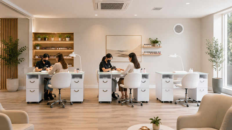 Three DP-3478 manicure stations arranged in a professional nail salon with room ventilation grilles