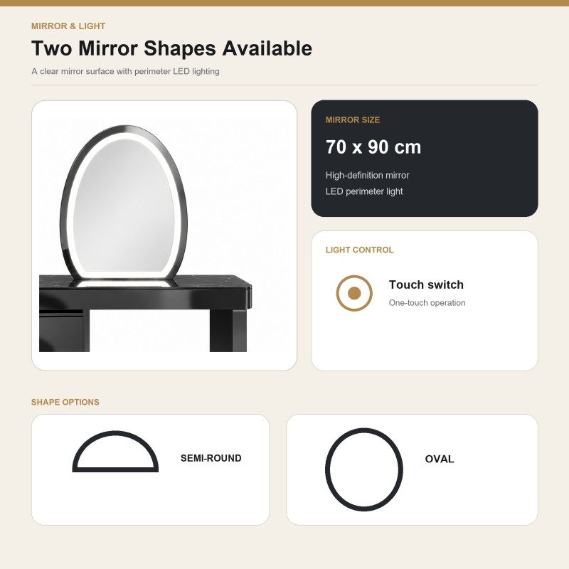 WG-MFJT002 LED Mirror and Shape Options WG-MFJT002 LED mirror size, touch control and selectable mirror shapes