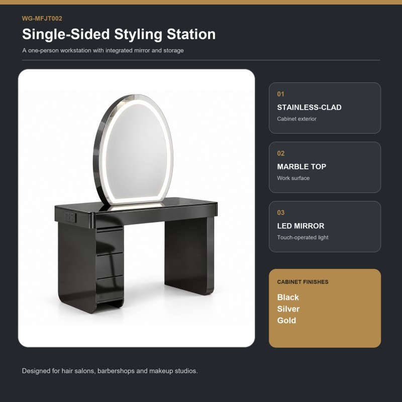 WG-MFJT002 Product Overview – Single-Sided Styling Station WG-MFJT002 single-sided styling station overview with marble top and LED mirror