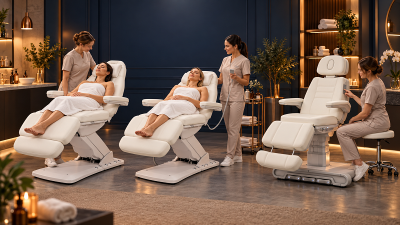 Foot control, hand remote and built-in panel options shown with electric treatment beds