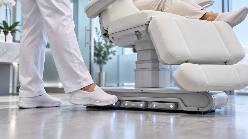 Practitioner using the integrated base foot controls on a DP-M13A3GS-5J electric treatment bed