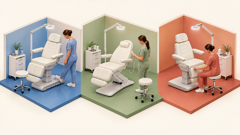 Three color-coded treatment rooms comparing foot control, wired hand remote and built-in panel operation