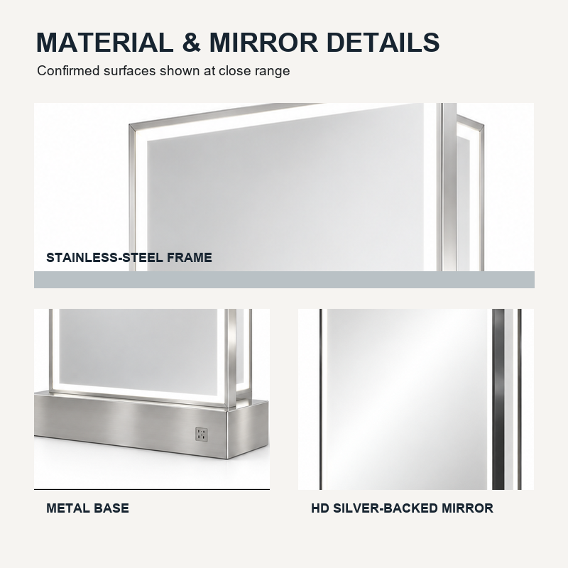 WG-MFJT016 Stainless-Steel Frame and Mirror Details Detail views of the WG-MFJT016 stainless-steel frame, metal floor base and high-definition silver-backed mirror