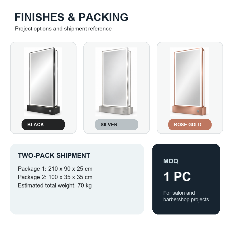WG-MFJT016 Salon Mirror Finishes and Packing Black, silver and rose-gold WG-MFJT016 salon mirror options with two-package sizes, estimated 70 kg weight and MOQ of one piece