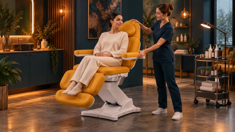 Practitioner rotating a mustard-orange treatment chair on its swivel base in a clear professional treatment room