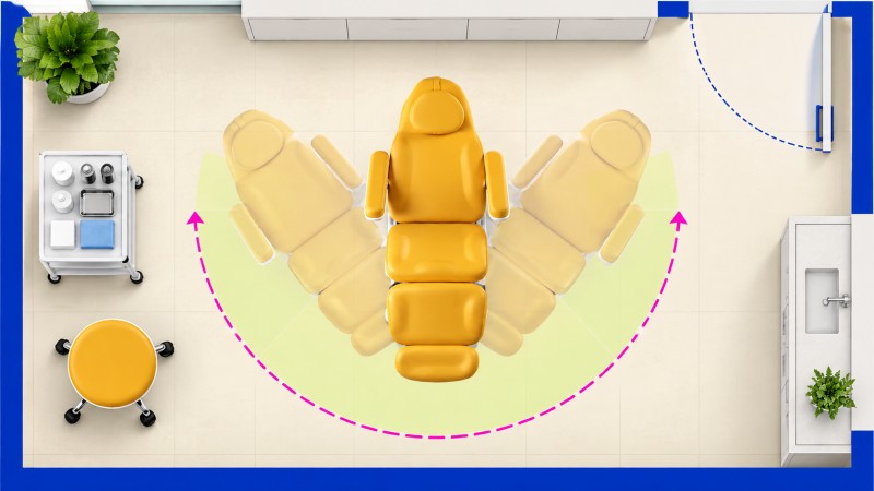 Top-down floor plan showing a mustard-orange treatment chair in several rotated positions with furniture outside its movement sweep