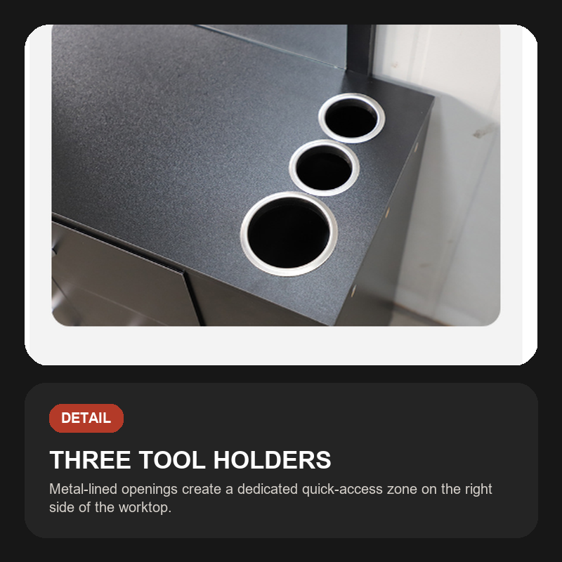 Close-up of three metal-lined tool-holder openings on WG-MFJT001 worktop