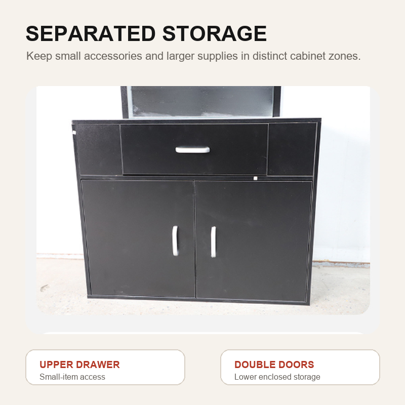 Close-up of WG-MFJT001 upper drawer and lower double-door salon storage