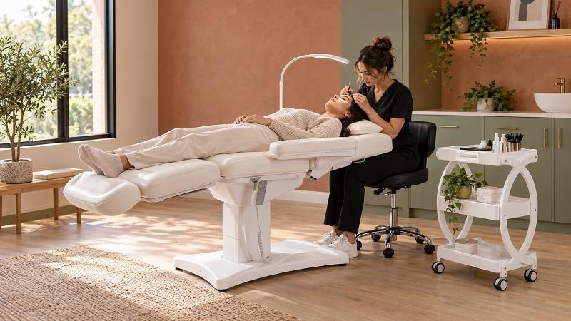 A functional lash studio built around the treatment bed, technician stool, task light and trolley Lash artist working at a complete station with a white electric treatment bed, black ergonomic stool, task lamp and white trolley