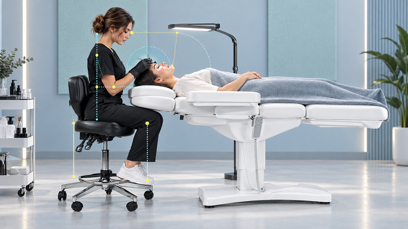 Side view of a lash artist using a white electric treatment bed and black adjustable stool with posture and reach guides