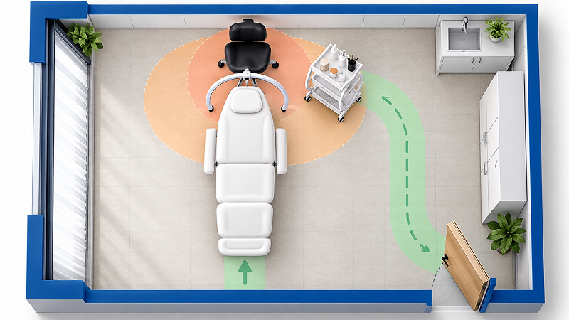 Overhead studio plan showing a white treatment bed, black stool, arched task lamp, mobile trolley and a clear client path