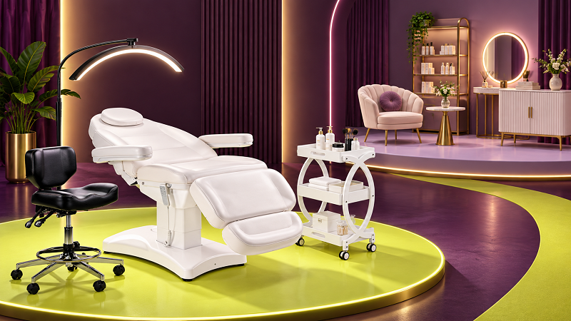 Essential lash bed, stool, lamp and trolley highlighted in the foreground with optional waiting, retail and vanity furniture on a separate platform