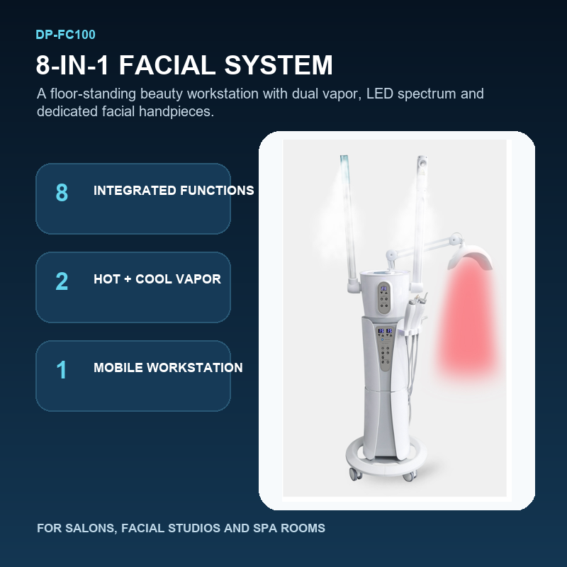 DP-FC100 8-in-1 Facial System Overview Overview of the DP-FC100 floor-standing 8-in-1 facial system with dual vapor, LED canopy and mobile base