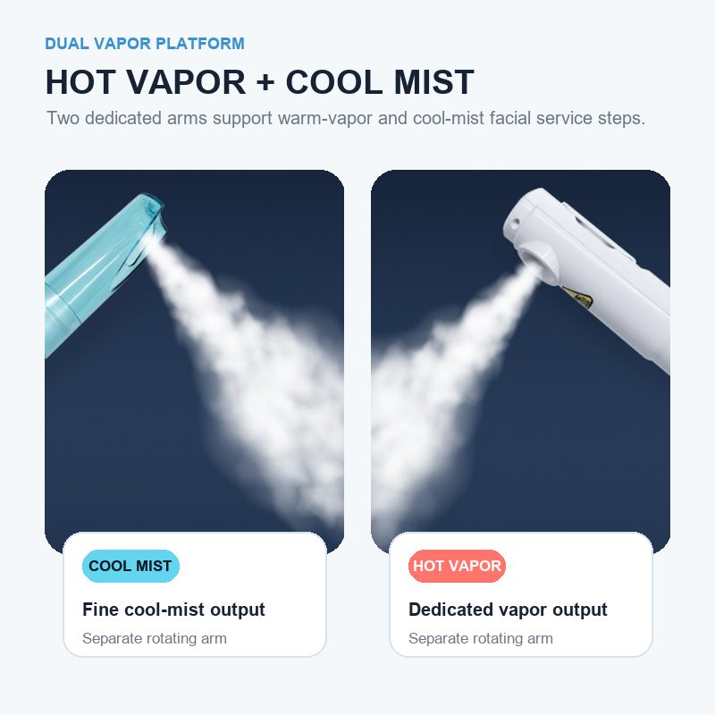 DP-FC100 Hot Vapor and Cool Mist Side-by-side close-ups of the separate hot-vapor and cool-mist arms on the DP-FC100 facial steamer