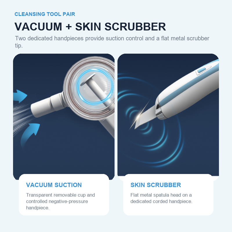 DP-FC100 Vacuum and Skin Scrubber Tools Close-ups of the transparent vacuum suction cup and flat metal skin scrubber handpiece for DP-FC100