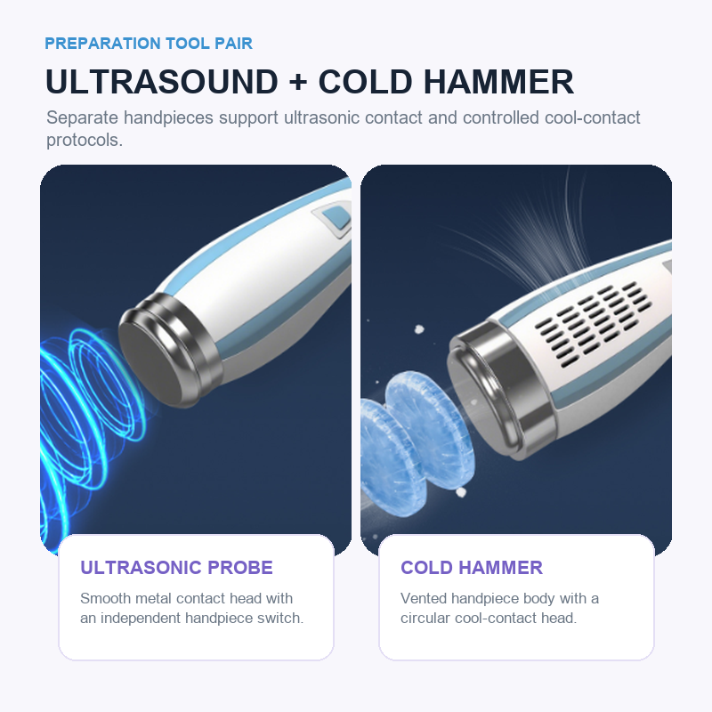 DP-FC100 Ultrasound and Cold Hammer Close-ups of the ultrasonic probe and vented cold-hammer handpiece included with the DP-FC100 system