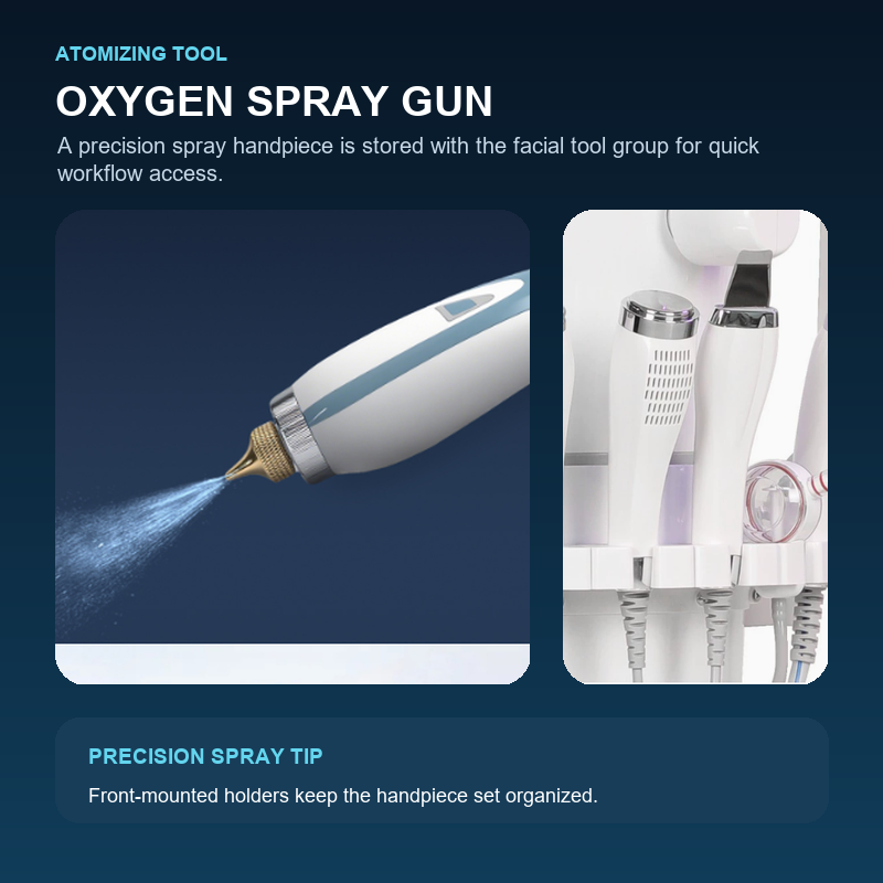 DP-FC100 Oxygen Spray Gun and Tool Rack Oxygen spray gun operating close-up beside the front-mounted DP-FC100 facial handpiece holders