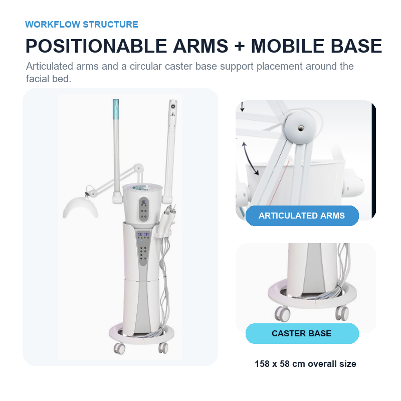 DP-FC100 Positionable Arms and Mobile Base DP-FC100 full unit with articulated arm detail, circular caster base and 158 by 58 centimeter overall size
