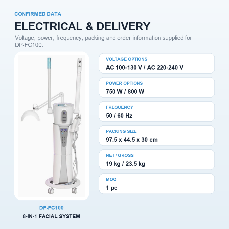 DP-FC100 Electrical and Packing Data DP-FC100 electrical options, frequency, packing dimensions, net and gross weights, and minimum order quantity