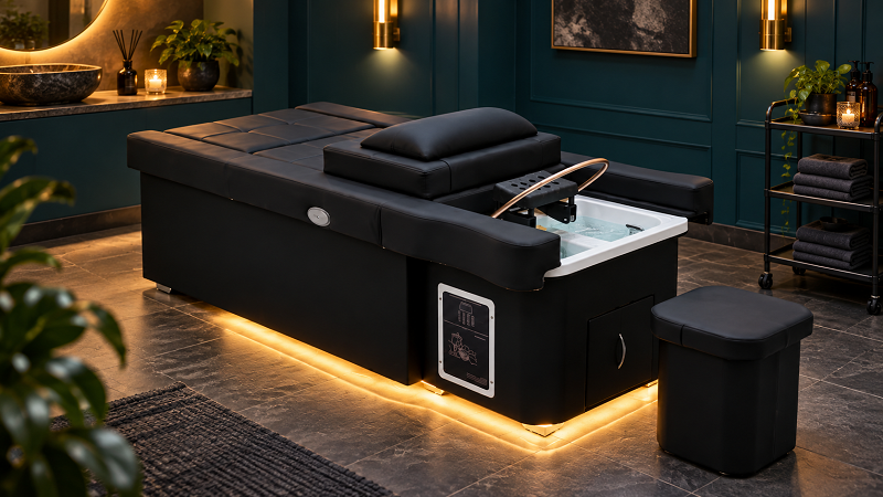 Black Dongpin-style head spa bed with a white shampoo basin in a dark teal salon room
