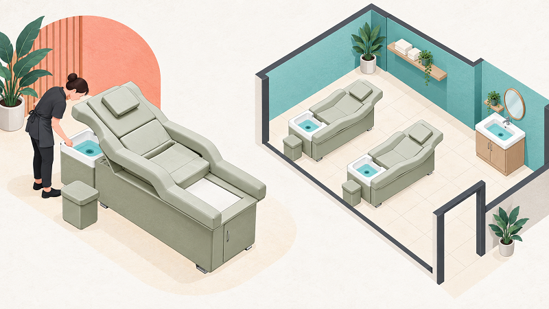 Isometric illustration comparing one affected head spa station with several affected fixtures