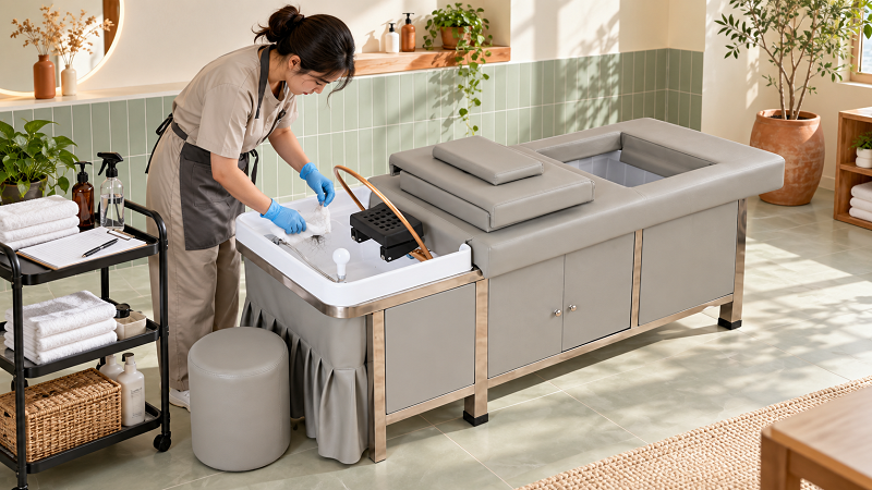 Salon worker checking the accessible white basin of a gray non-plumbing head spa bed