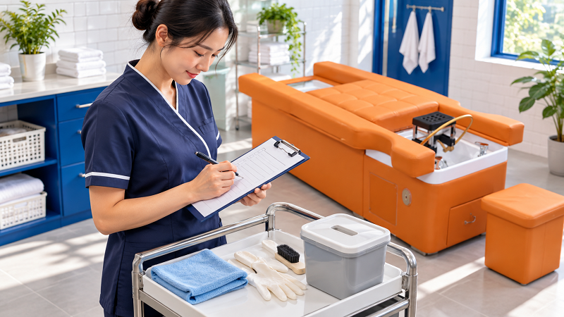Orange head spa bed behind a staff member recording routine maintenance with cleaning supplies on a trolley
