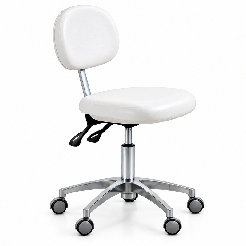 White beauty technician chair with ergonomic backrest and caster base for aesthetic and salon professionals