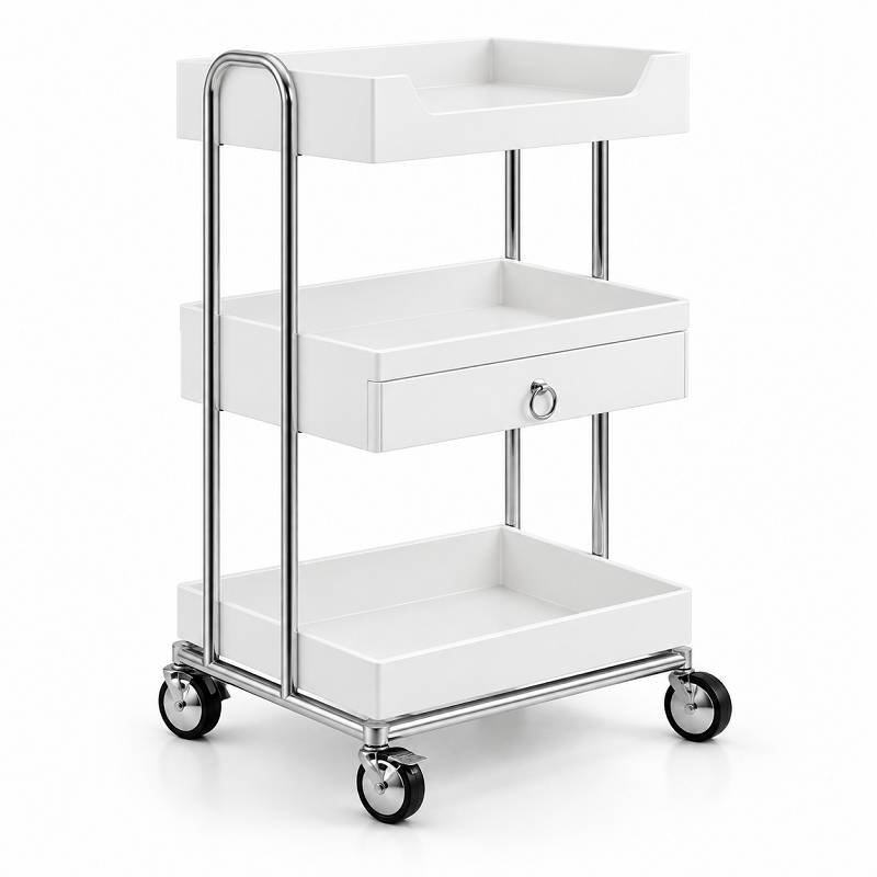 White salon trolley with multiple storage shelves and wheels for beauty clinics, spas and treatment rooms