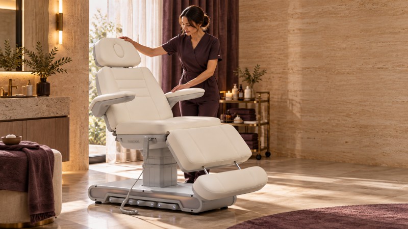 Spa practitioner preparing an electric beauty bed with memory preset and home reset controls
