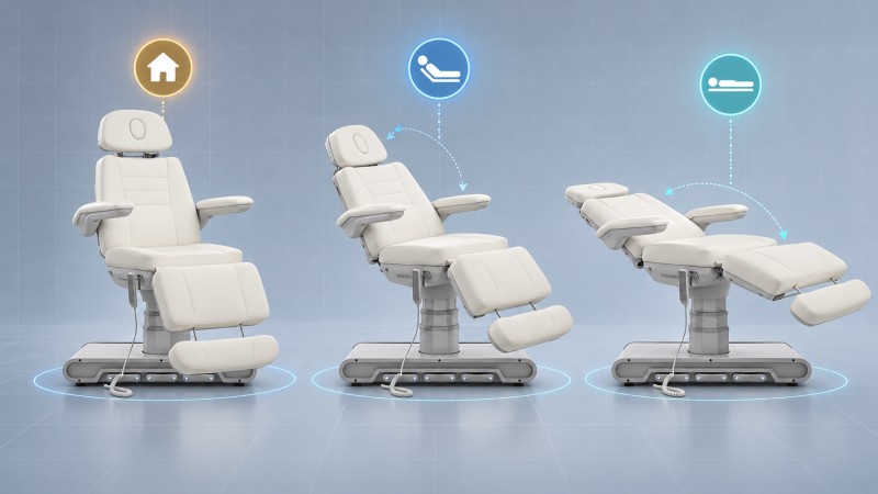 Three electric beauty bed positions illustrating a fixed home position and two programmable memory presets