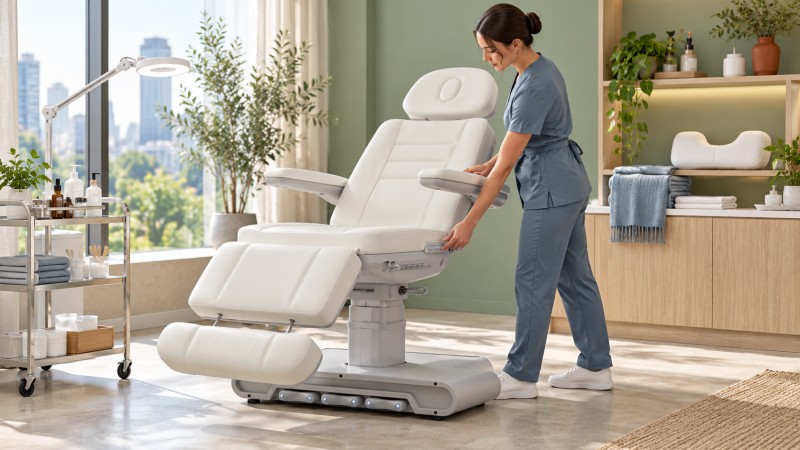 Spa practitioner preparing a multi-position electric beauty bed for a service changeover
