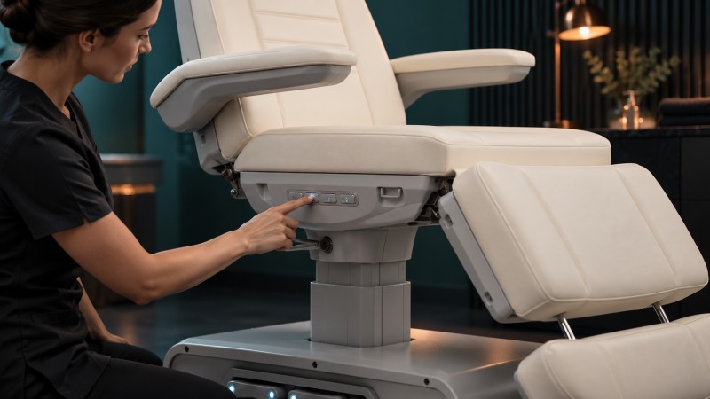 Spa professional pressing the side control panel of a multi-position electric beauty bed