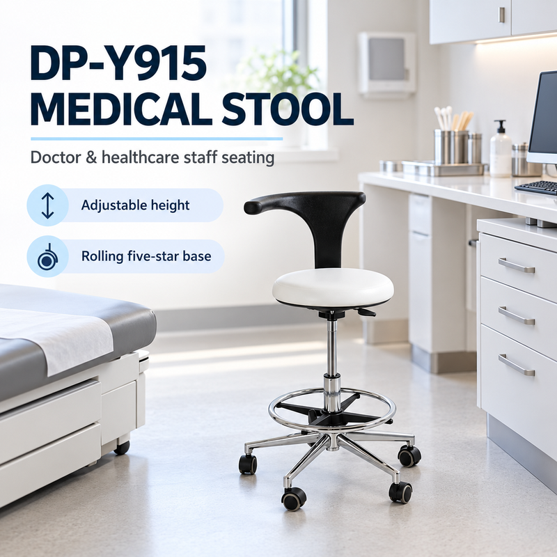 DP-Y915 white medical stool with black T-shaped backrest and rolling five-star base in a treatment-room setting