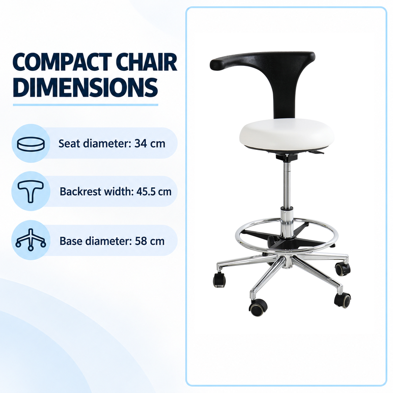 Front view of DP-Y915 medical stool with 34 cm seat diameter, 45.5 cm backrest width and 58 cm base diameter