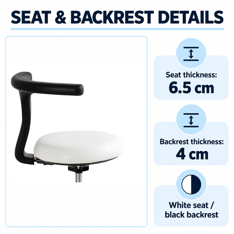 Original-photo detail of DP-Y915 white round seat and black T-shaped backrest with 6.5 cm and 4 cm thickness labels