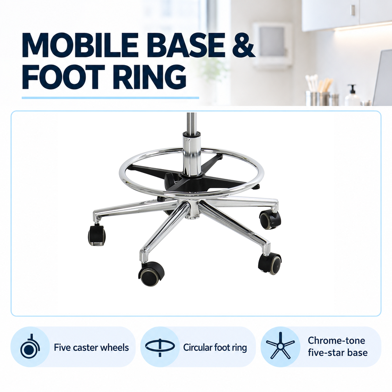 Original-photo detail of DP-Y915 circular foot ring and chrome-tone five-spoke rolling caster base