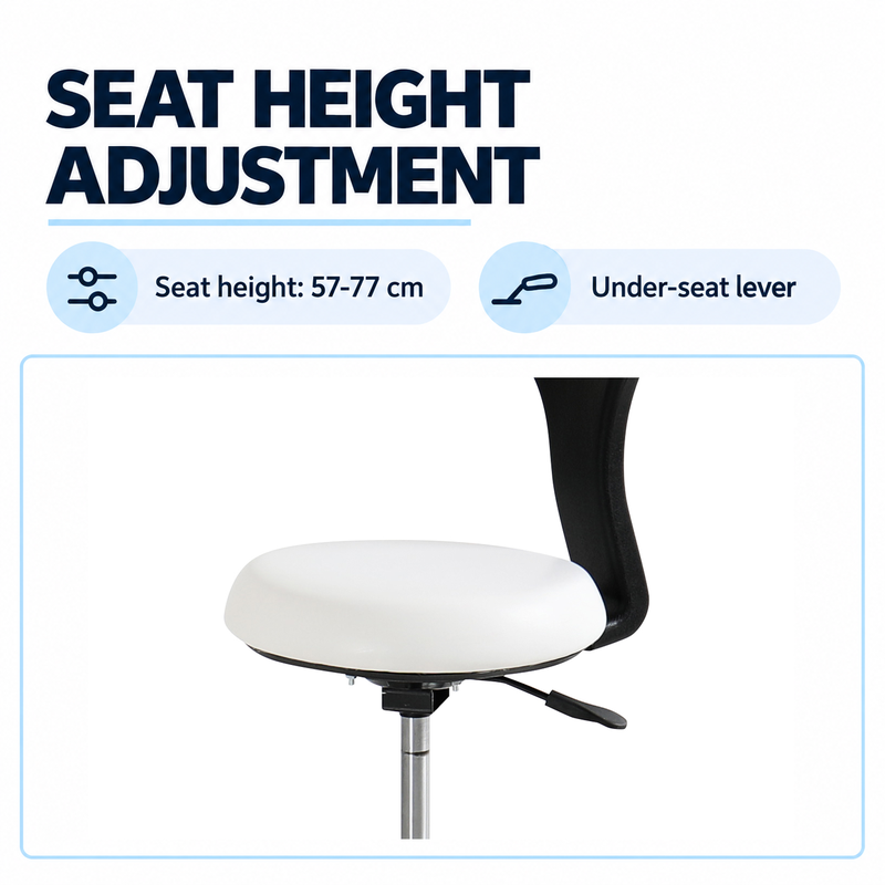 Close-up of the DP-Y915 under-seat lever beside the stated 57-77 cm seat-height range