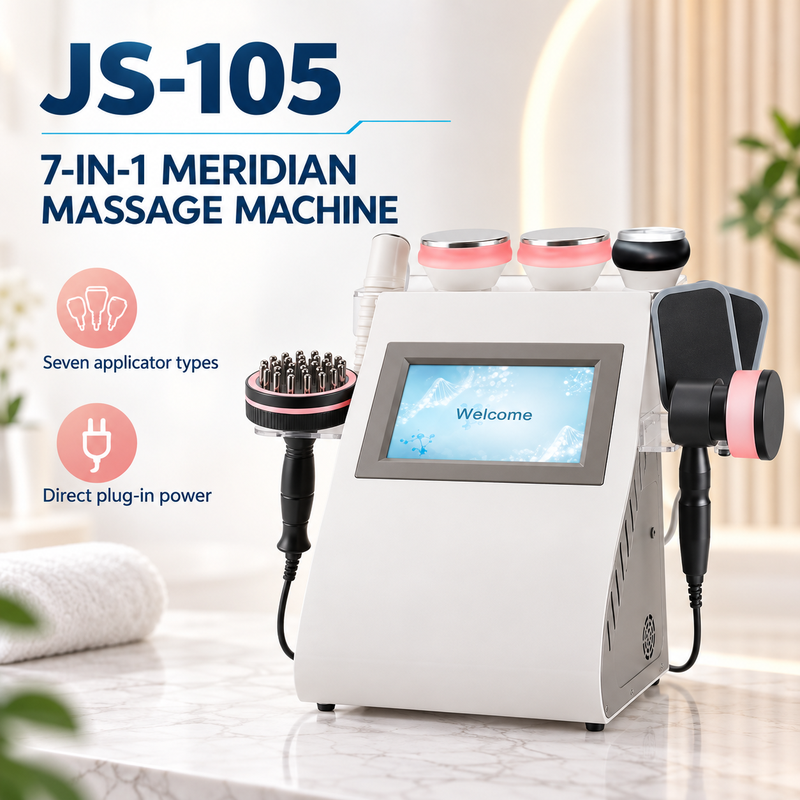 JS-105 seven-in-one massage machine overview JS-105 white tabletop massage machine with seven applicator formats and plug-in power