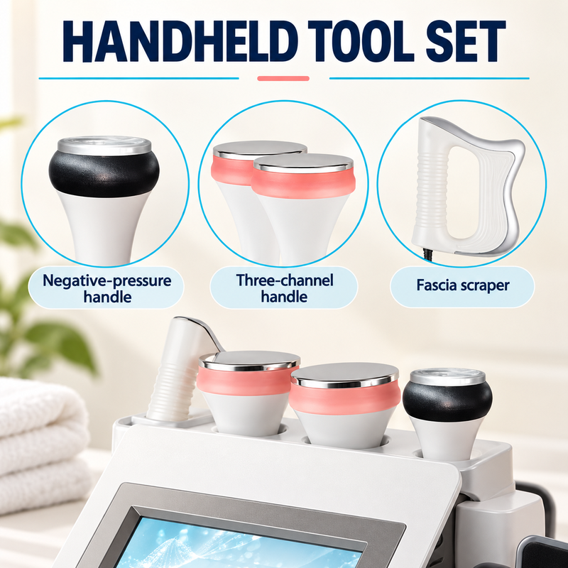 JS-105 handheld applicators Close-up of the negative-pressure handle, three-channel handle and fascia scraper